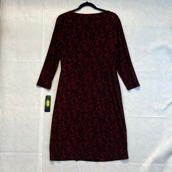 NWT LAUREN RALPH LAUREN Sheath Dress Sz 14 Red Geometric Ruched Midi 3/4 Sleeve - Picture 11 of 16